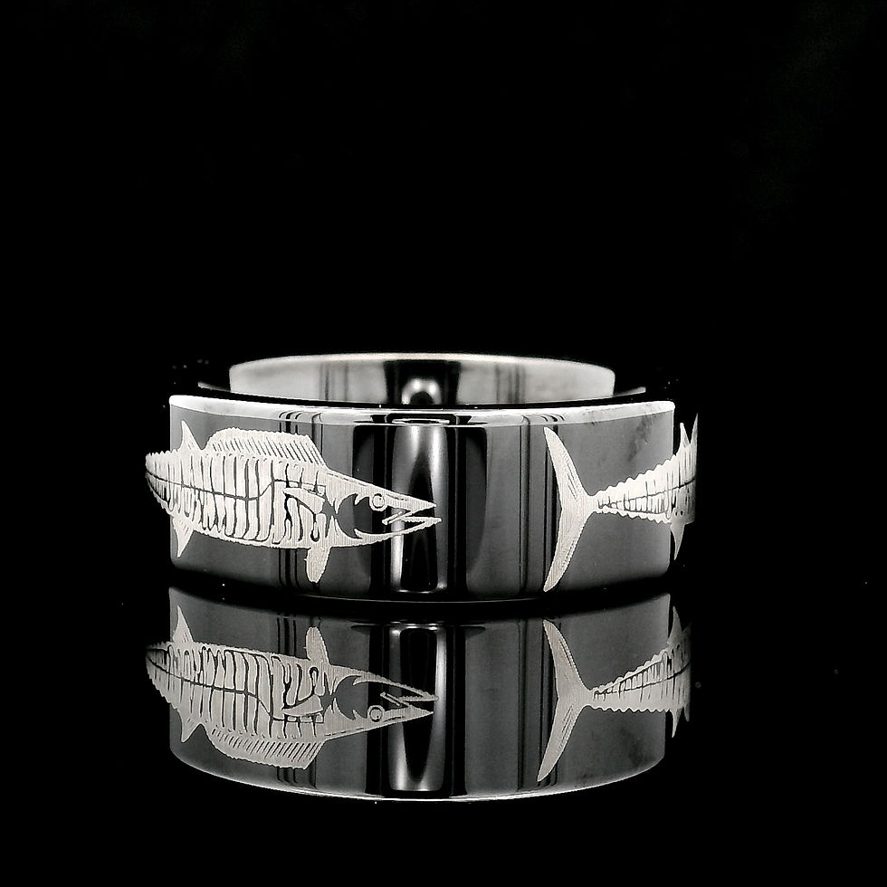 Thumbnail: Wahoo Fish Engraved Black Tungsten Carbide Ring – Fisherman Wedding Band – Ocean-Themed Jewelry