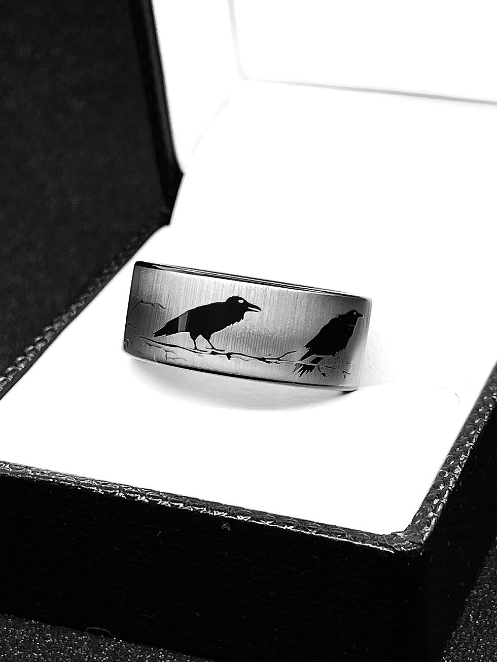 Thumbnail: Ravens on the Bushes Pattern  Engraved Black Tungsten Carbide Ring, His & Her Wedding Bands, Nature Rings, Ravens Ring