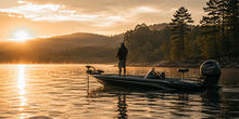 Fisherman on a boat at sunset representing a personalize fishing wedding band story 