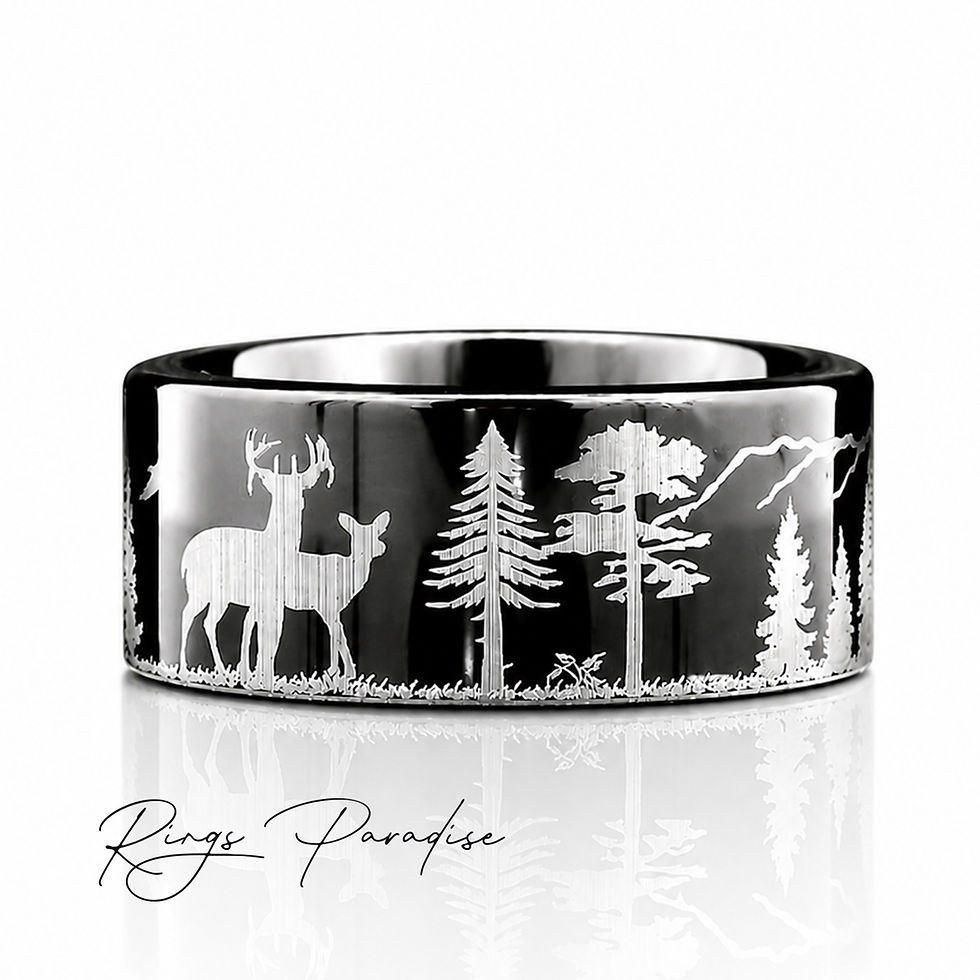 Thumbnail: black tungsten ring couple walking with beagles forest engraving 8mm