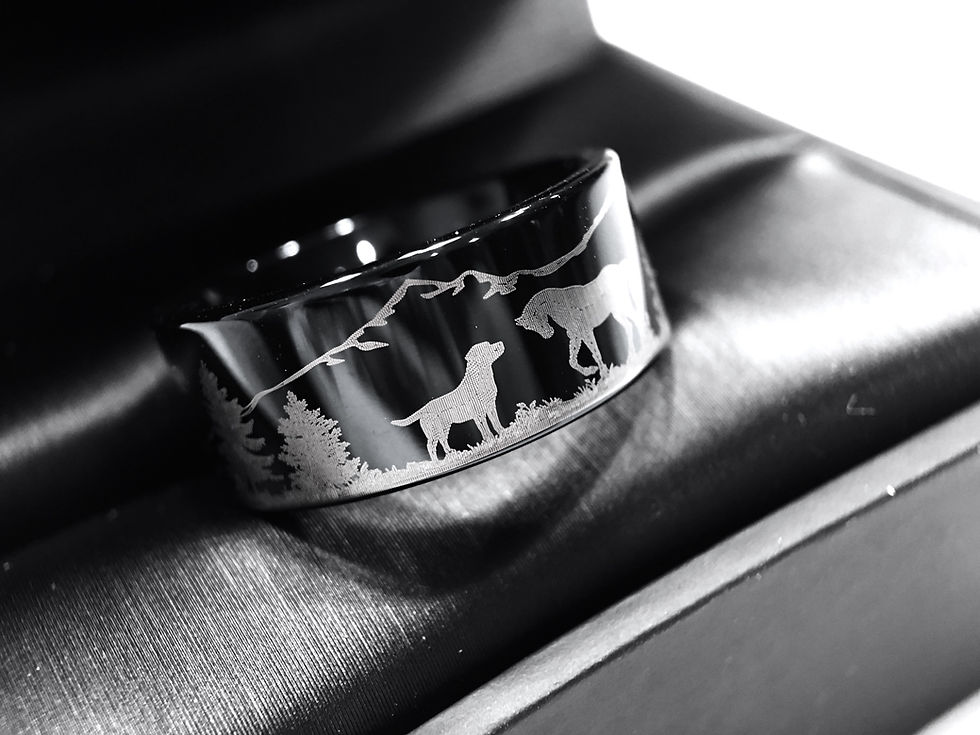 Thumbnail: Horse and Dog Facing Each Other Black Tungsten Carbide Ring by Rings Paradise