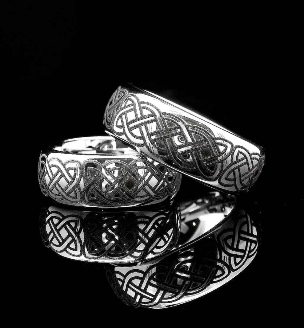 Celtic Pattern Engraved Silver Tungsten Wedding Bands | His and Her Promise Rings | Matching Rings Set | Engagement Rings |