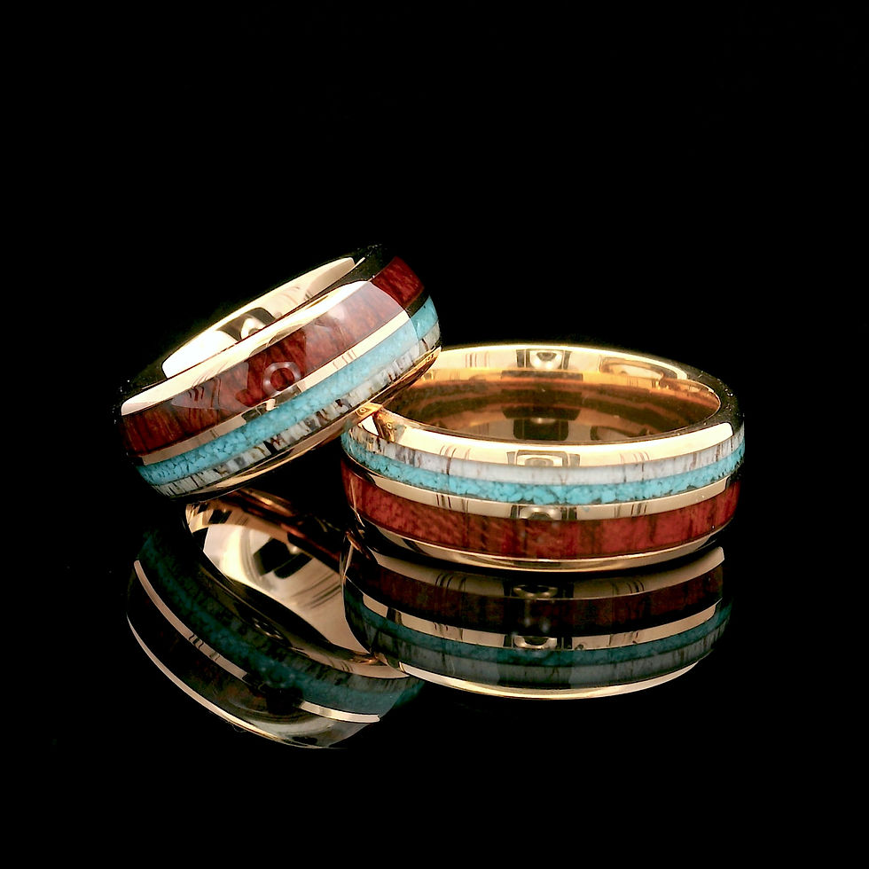 Rose Gold Tungsten Wedding Band with Koa Wood, Antler, and Turquoise Inlay, Durable and Stylish Comfort Fit Design