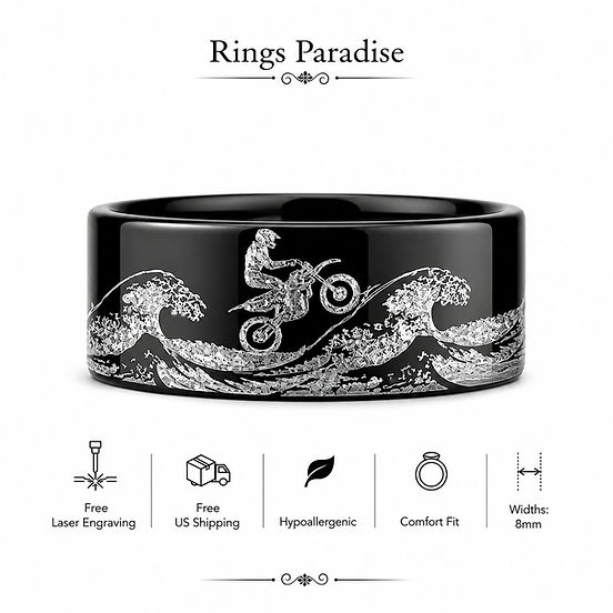 Men's Black Tungsten Carbide Ring with Motocross Rider and Ocean