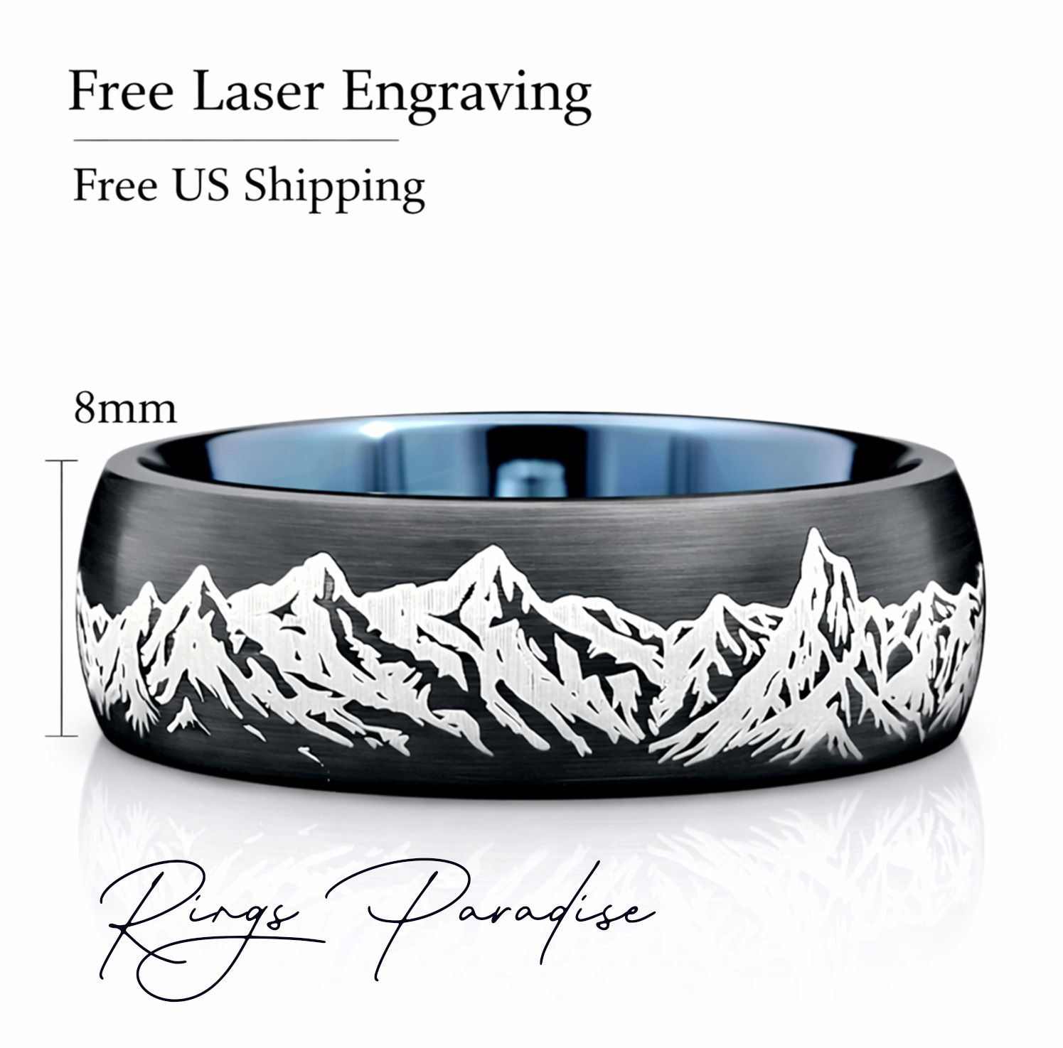 Black and blue tungsten wedding band engraved with a mountain range, durable and stylish.