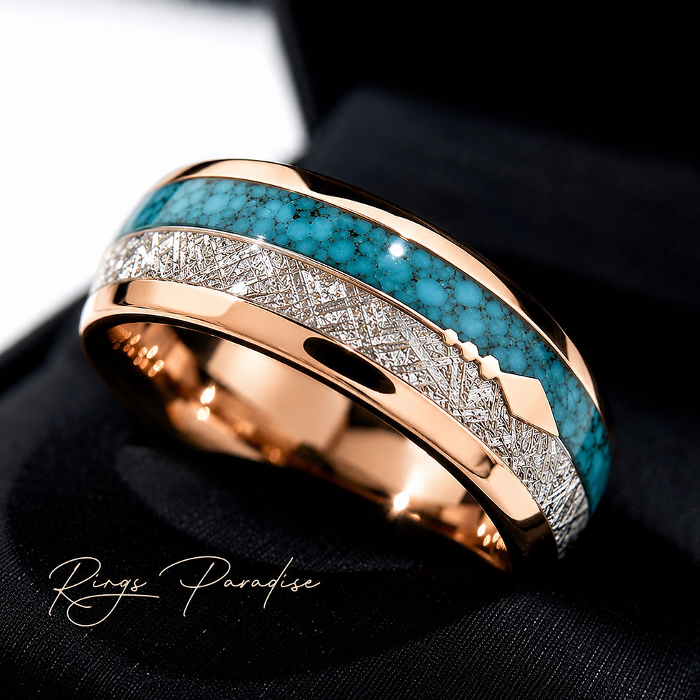 rose gold tungsten ring with turquoise and meteorite inlay, arrow insert, 8mm comfort fit