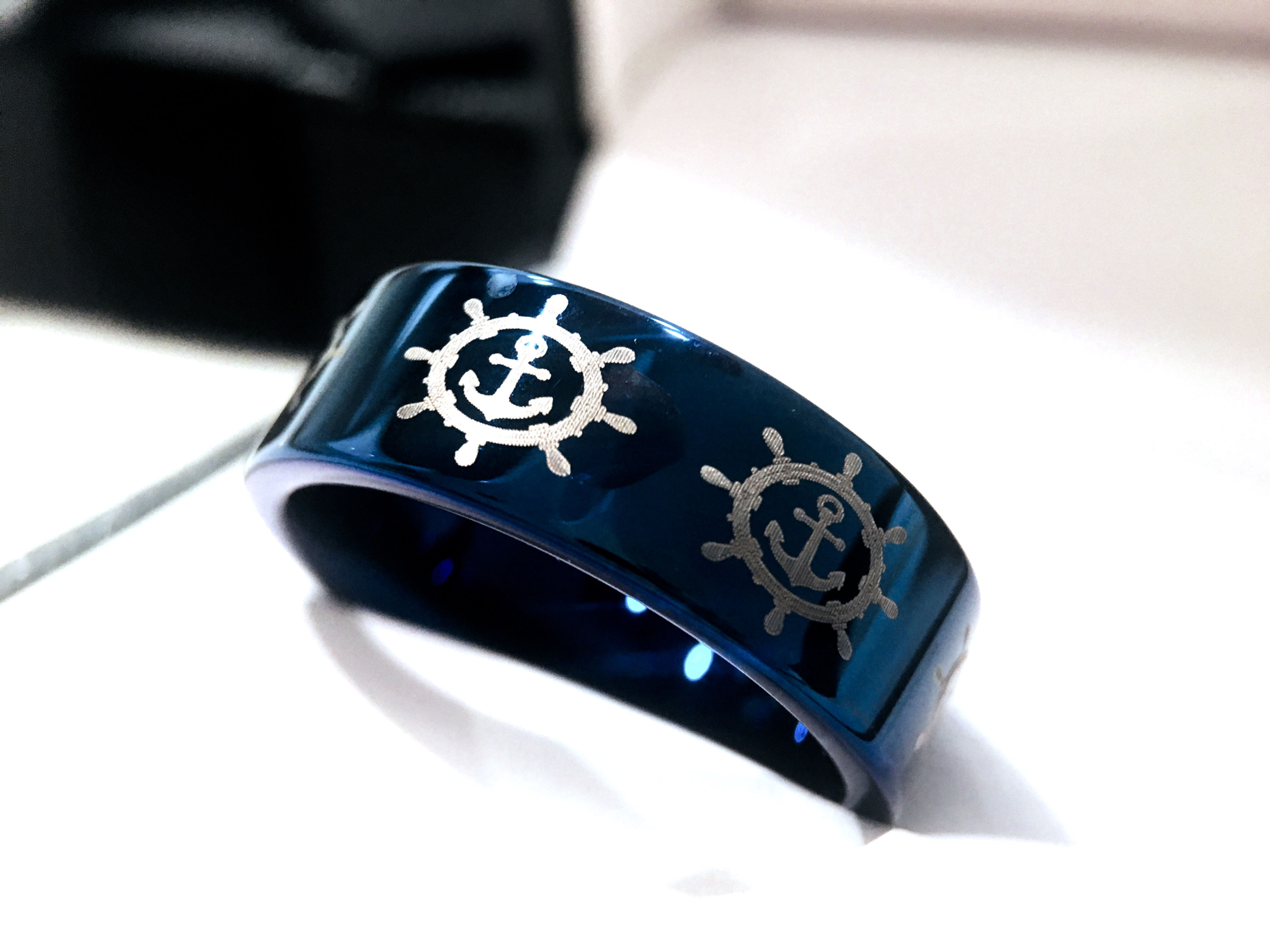 Wedding Band, Mens Wedding Ring, Engagement Ring, Anniversary Gifr, Navigation Weel Pattern Engraved Blue Tungsten Carbide