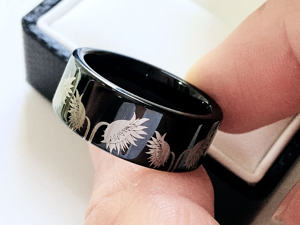 Thumbnail: Sunflowers Pattern Engraved Black Tungsten Ring, Wedding Ring, Promise Ring