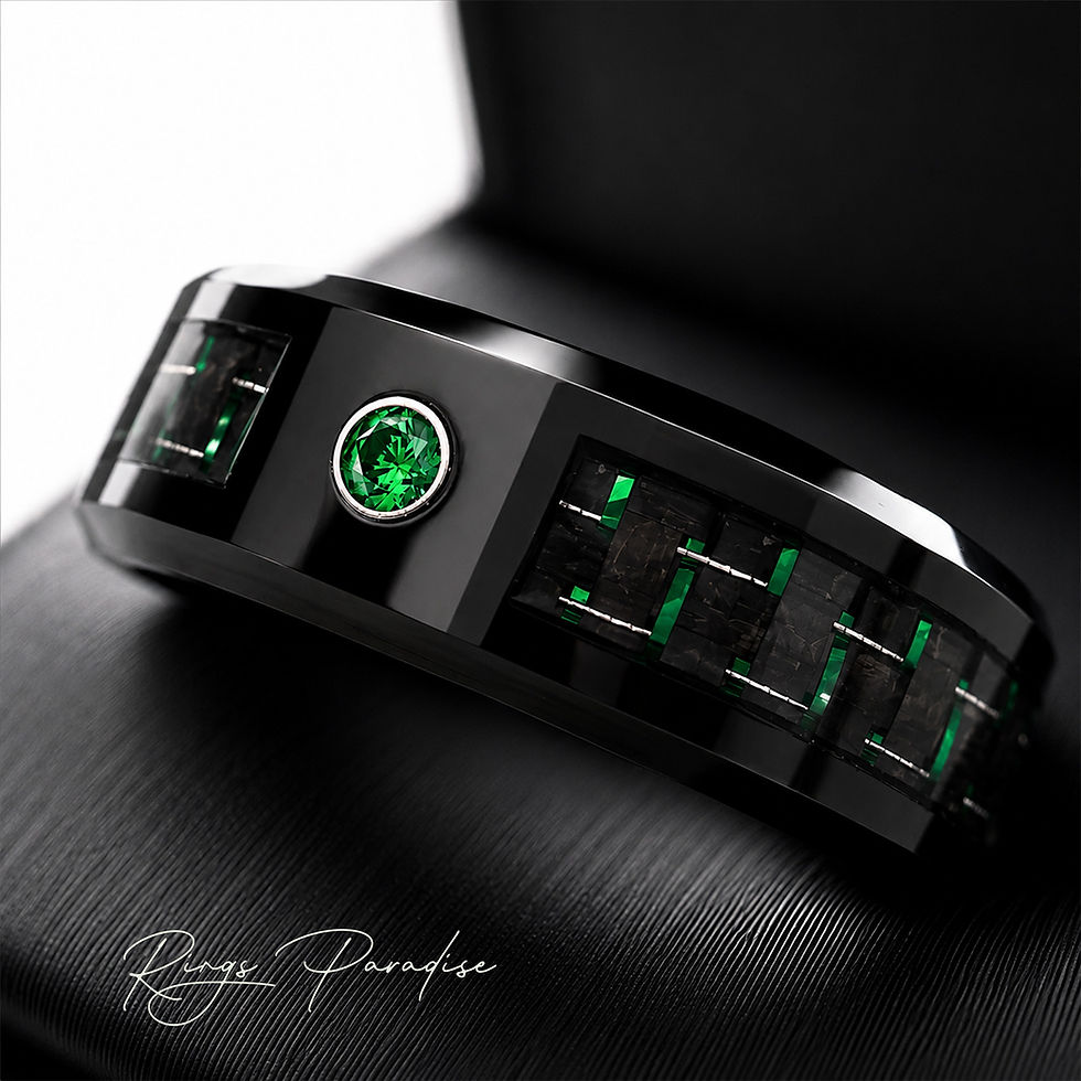 Thumbnail: black tungsten ring with tsavorite stone and green carbon fiber