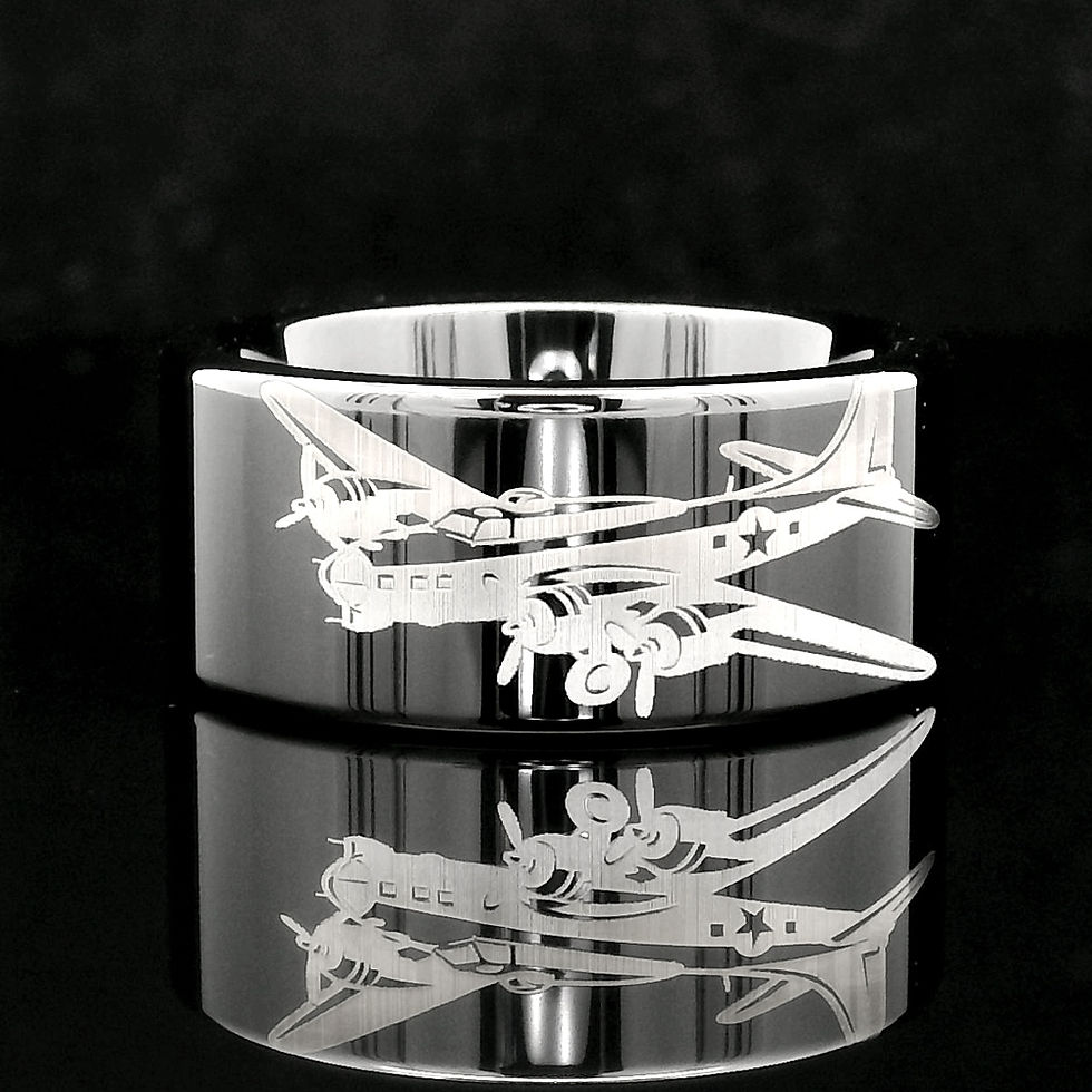 Thumbnail: Tungsten carbide wedding band engraved with B-17 airplane design, 8mm 10mm men’s ring