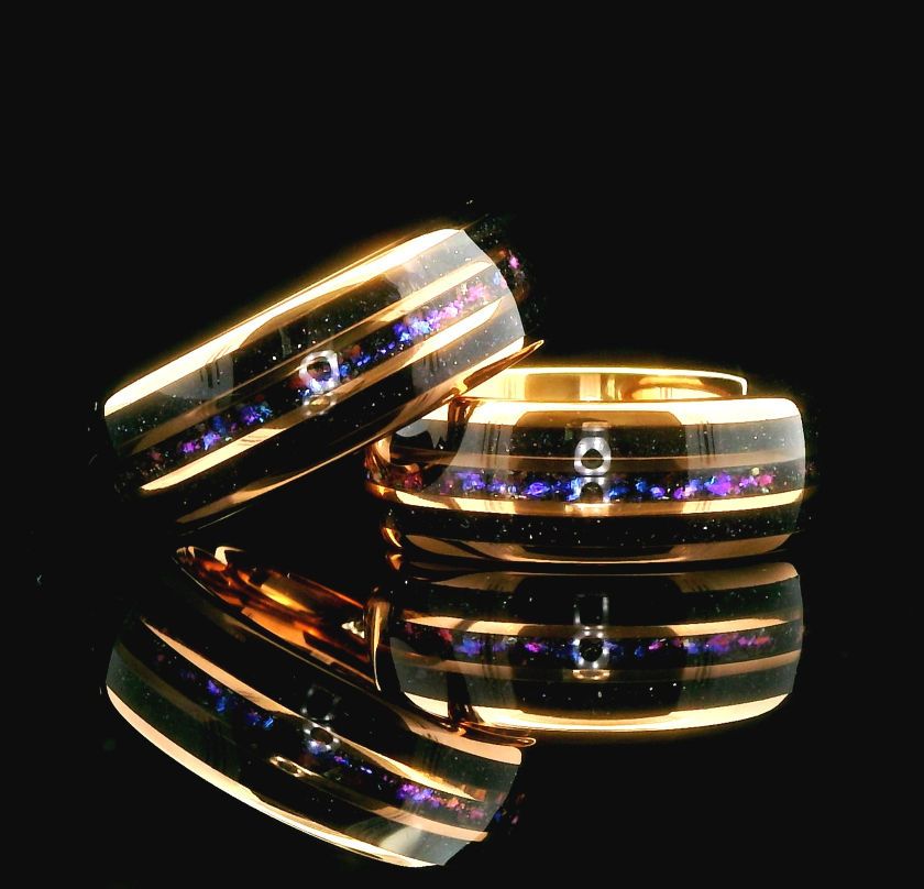 8mm rose gold tungsten ring with blue sandstone nebula inlay, men's cosmic wedding band