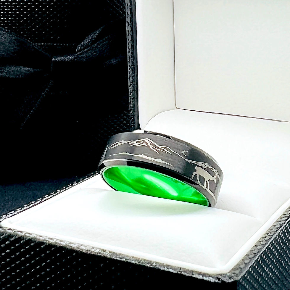 Thumbnail: Elk Doe Facing Fox Pattern Engraved Black and Green Tungsten Carbide Ring , 8mm wide, brushed, beveled edges, two tone ring 