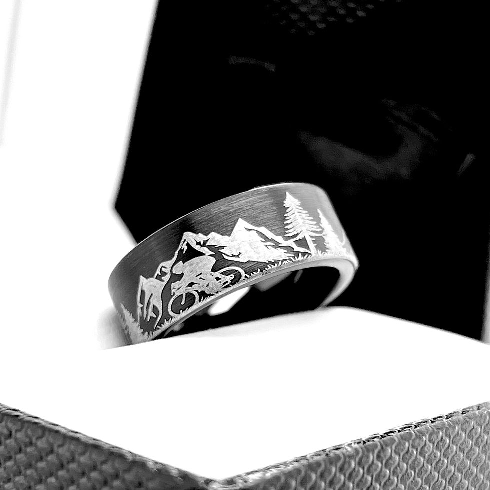 Thumbnail: Black Brushed Tungsten Carbide ring featuring Cyclist in Mountains Forest Landscape , Mens Ring, His Hers