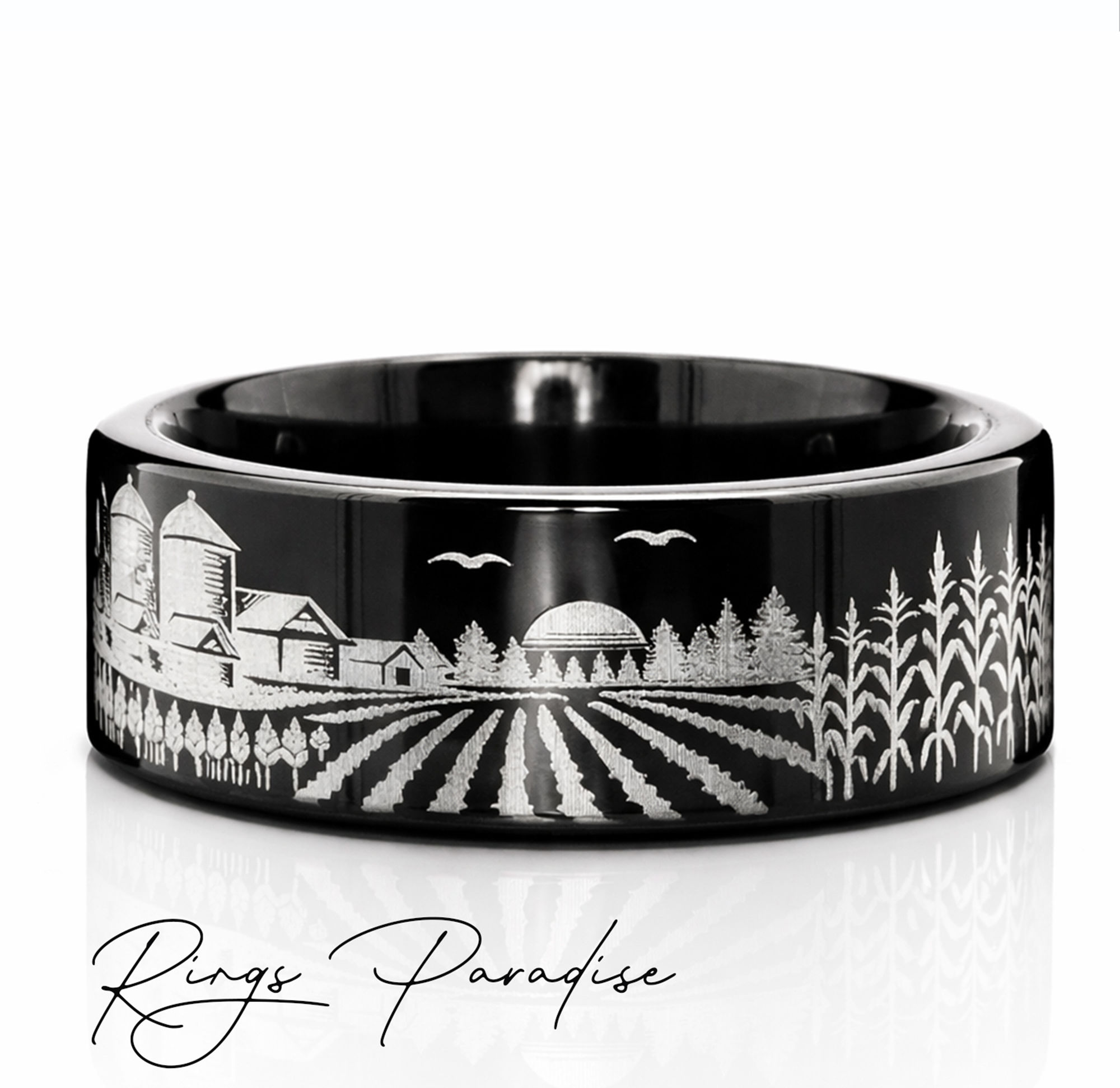 black polished tungsten ring farm tractor engraving 8mm