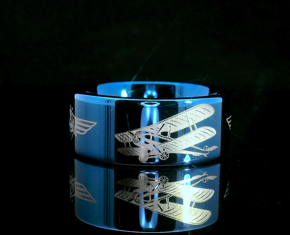 Thumbnail: US Army Military Tungsten Ring, Blue Tungsten Ring with Engraved Airplane Pattern – US Military and Aviation Men’s  Ring