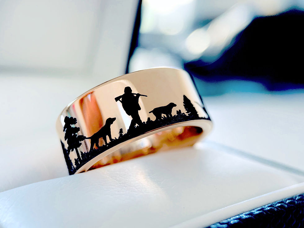 Pheasants Hunting Scene Pattern Engraved  Rose Gold Tungsten Carbide Ring, Wedding Bands, Wedding Rings, Mens ring, Hunter