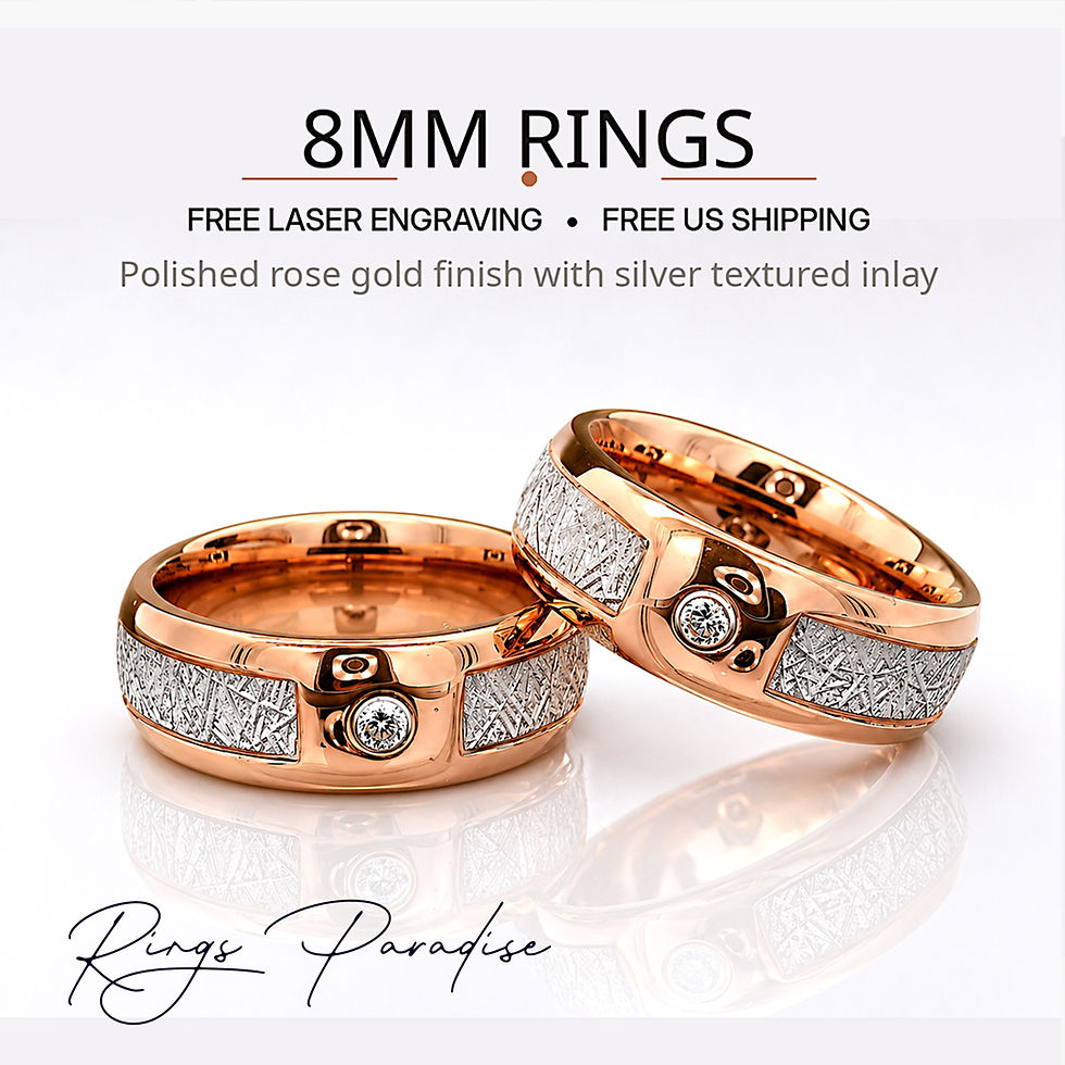 Thumbnail: rose gold tungsten rings set meteorite inlay round stone 8mm