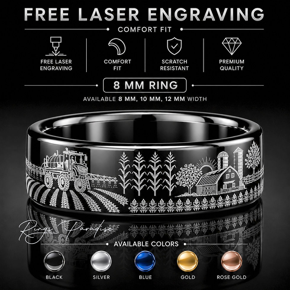 Black tungsten wedding band featuring a farm sprayer, corn rows, and American farmland engraving