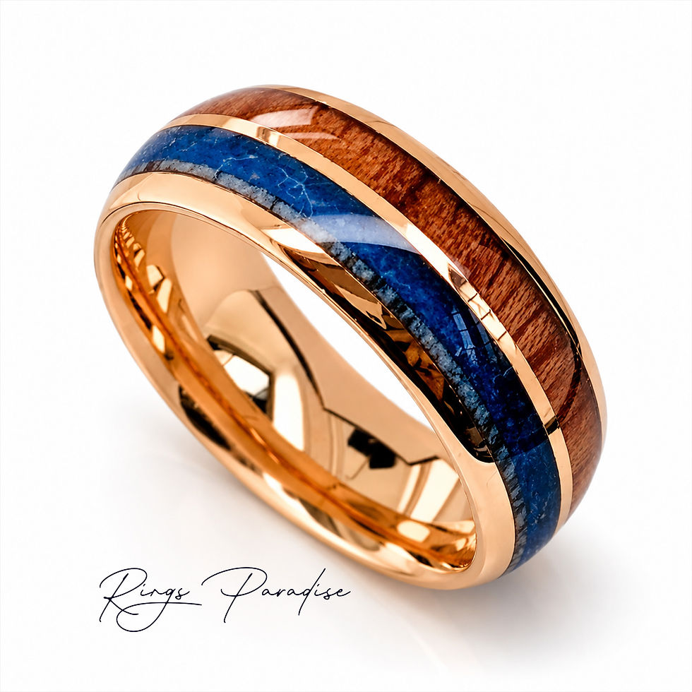 Thumbnail: A matching set of rose gold tungsten rings featuring blue agate, natural wood, and antler inlay.