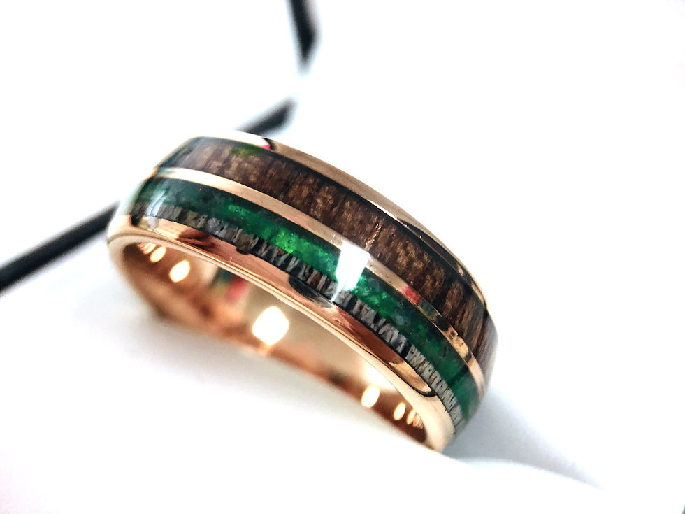 Thumbnail: Rose Gold Tungsten Ring, Mens, Women Wedding Bands Wood, Antler Green Crystals
