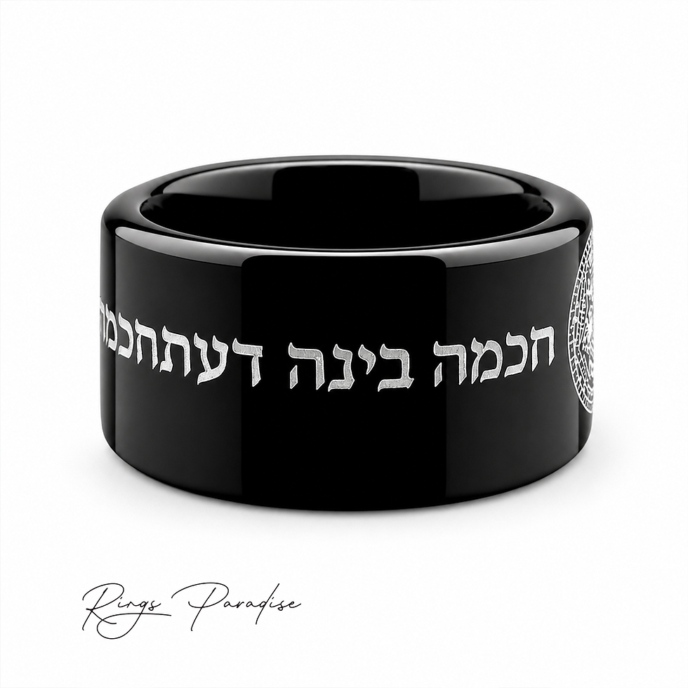 Black tungsten ring with silver Sigillum Dei Aemeth inspired engraving and symbolic lettering, shown worn on a man's ring