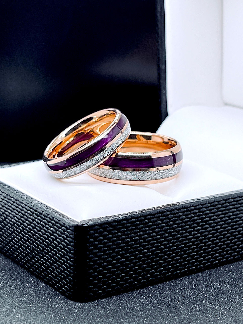 Thumbnail: Purple Agate and Meteorite Inlay Men's and Women's Wedding Ring, Men's and Women's Wedding Bands, Unique Wedding Rings