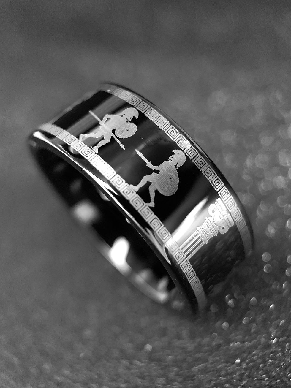 Thumbnail: Ancient Greek Spartan Warriors, Medusa Gorgon Engraved Black Tungsten Ring