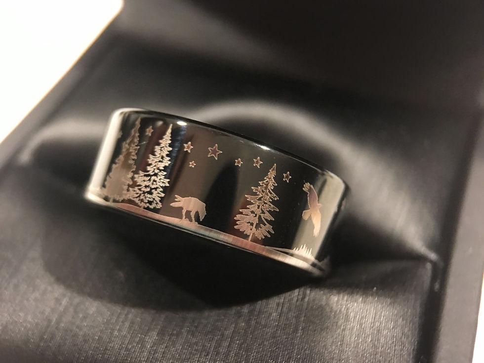 Thumbnail: Ravens Sitting on the Branches, Moon and Stars Pattern Engraved Black Tungsten Carbide Ring, Mens Ring, Wedding Band, Custom