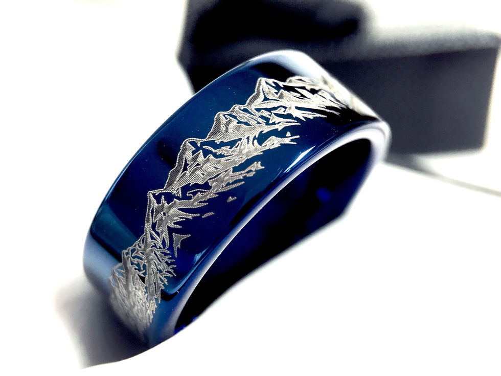 Thumbnail: Mountains Range Custom Engraved Blue Tungsten Carbide Ring, Personalized Jewelry, Wedding Bands for Mens and Women, Mens Ring