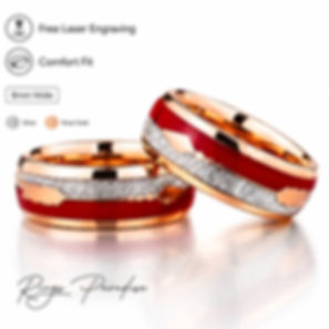 Rose gold tungsten carbide wedding bands with red agate and meteorite inlay, designed as a matching his and hers set.