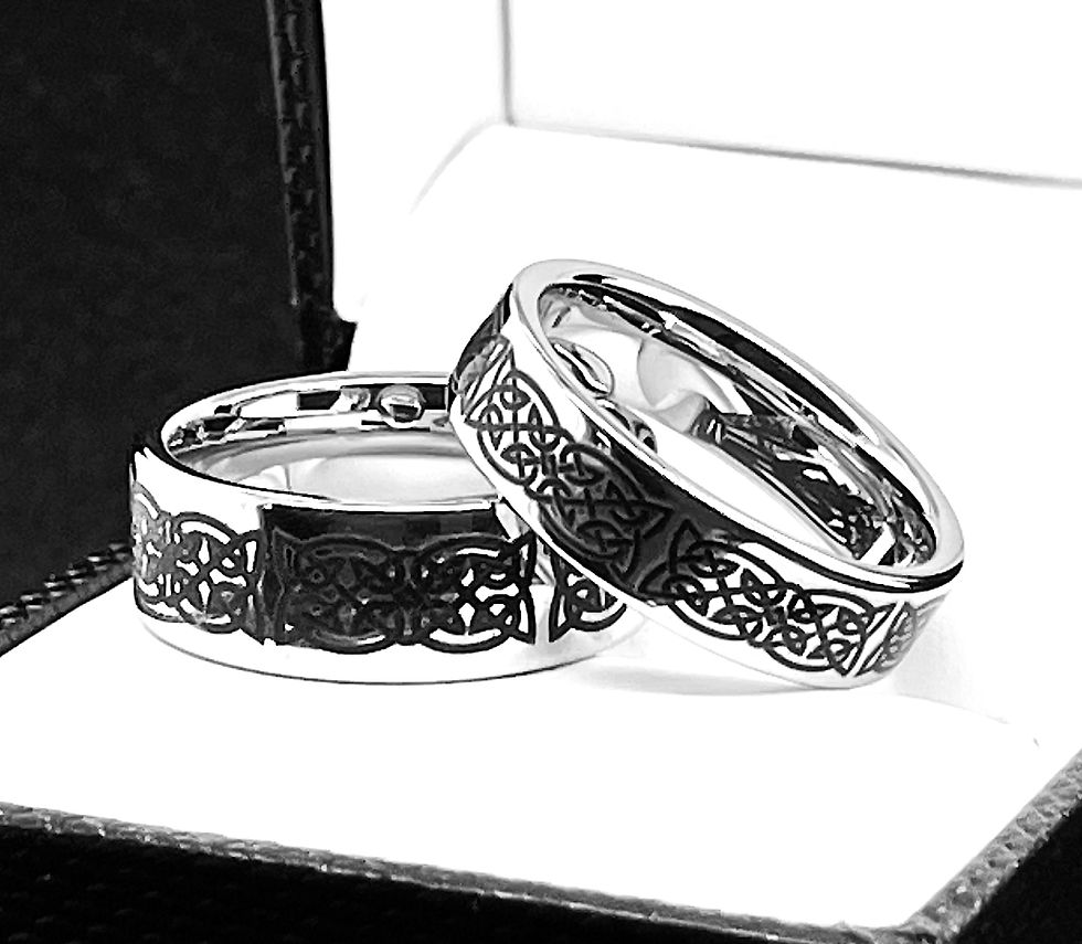 Thumbnail: matching celtic knot tungsten bands for couples in comfort fit