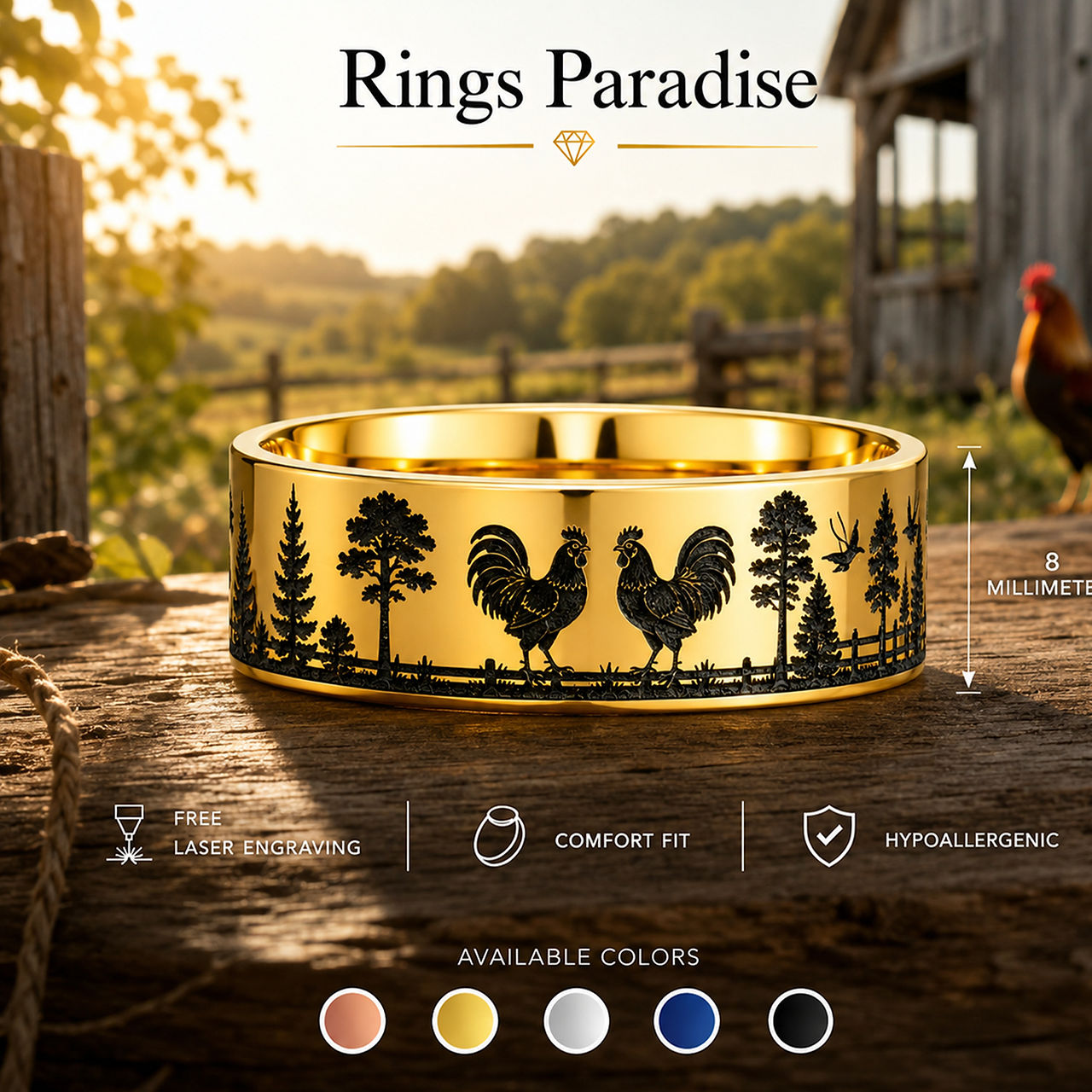 Gold Farm Ring with Rooster Engraving, Country Landscape and Available Colors