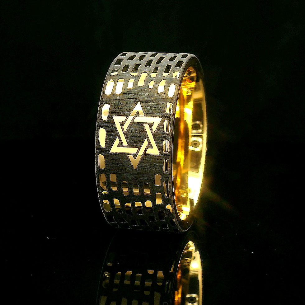 Thumbnail: Yellow gold tungsten carbide ring with Star of David engraving, Jewish men’s wedding band  Wailing Wall and Star of David