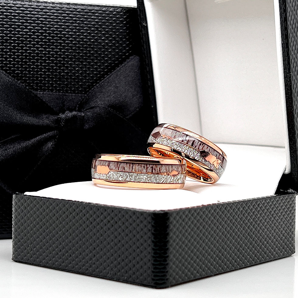 Thumbnail: Rose Gold Tungsten Carbide Wedding Ring featuring Antler, Meteorite , Rose God Arrow inlay, Wedding Ring for Women, Mens Ring
