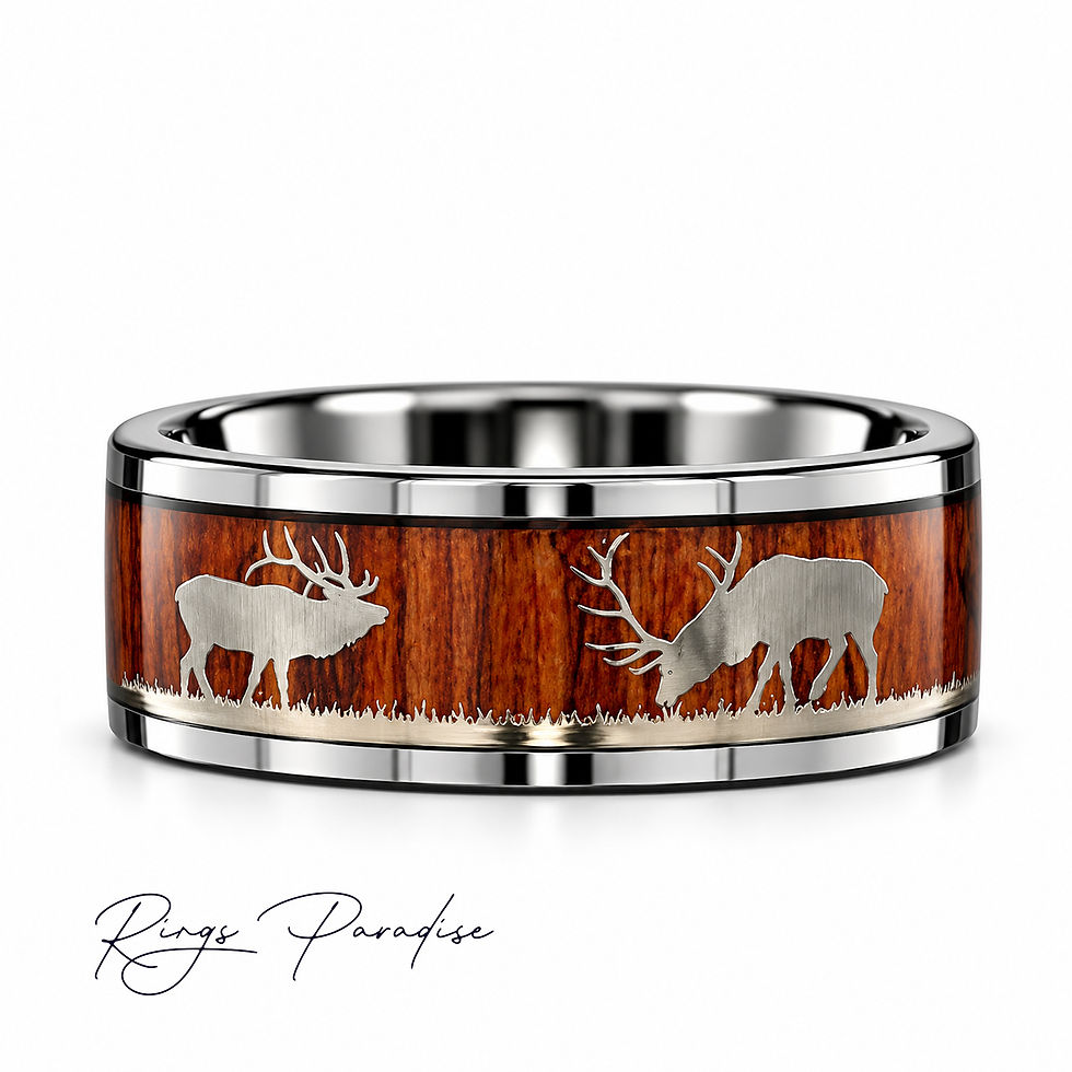 Silver tungsten wedding band with natural wood inlay and two detailed engraved elk silhouettes in a rustic 8mm wildlife desig