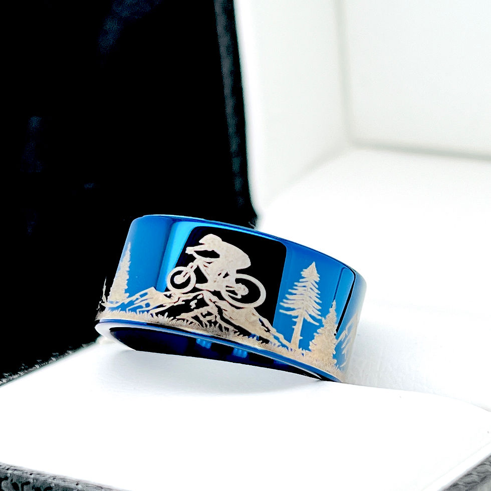 Thumbnail: Mountain Climbing Cyclists pattern engraved Tungsten Carbide Ring, Blue Ring Promise Ring His Her,  10mm