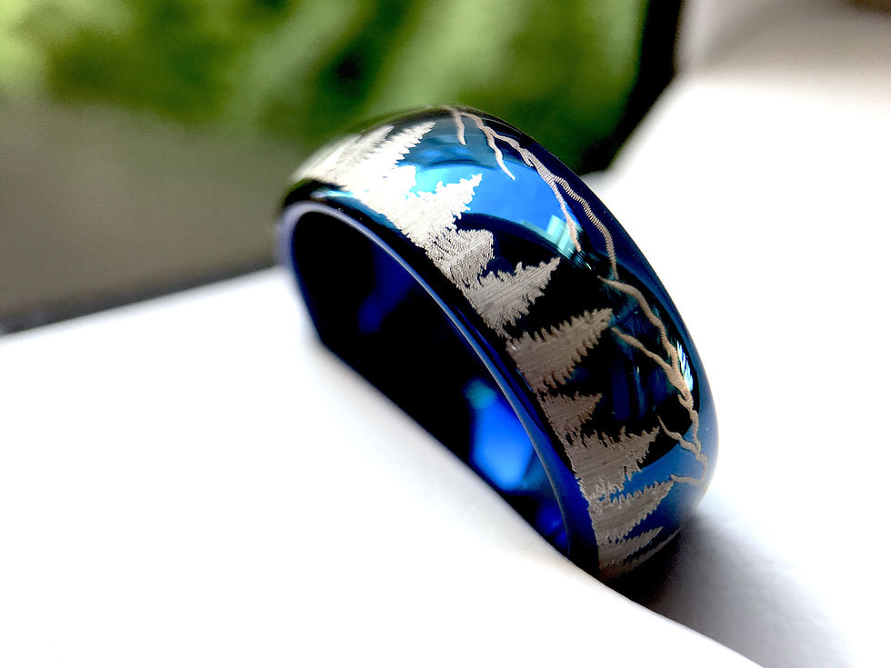 Thumbnail: Blue Wedding Bands, Fir Trees in Mountains Forest landscape, Mens and Women Ring, Tungsten Forest Engraved Ring, His and Her