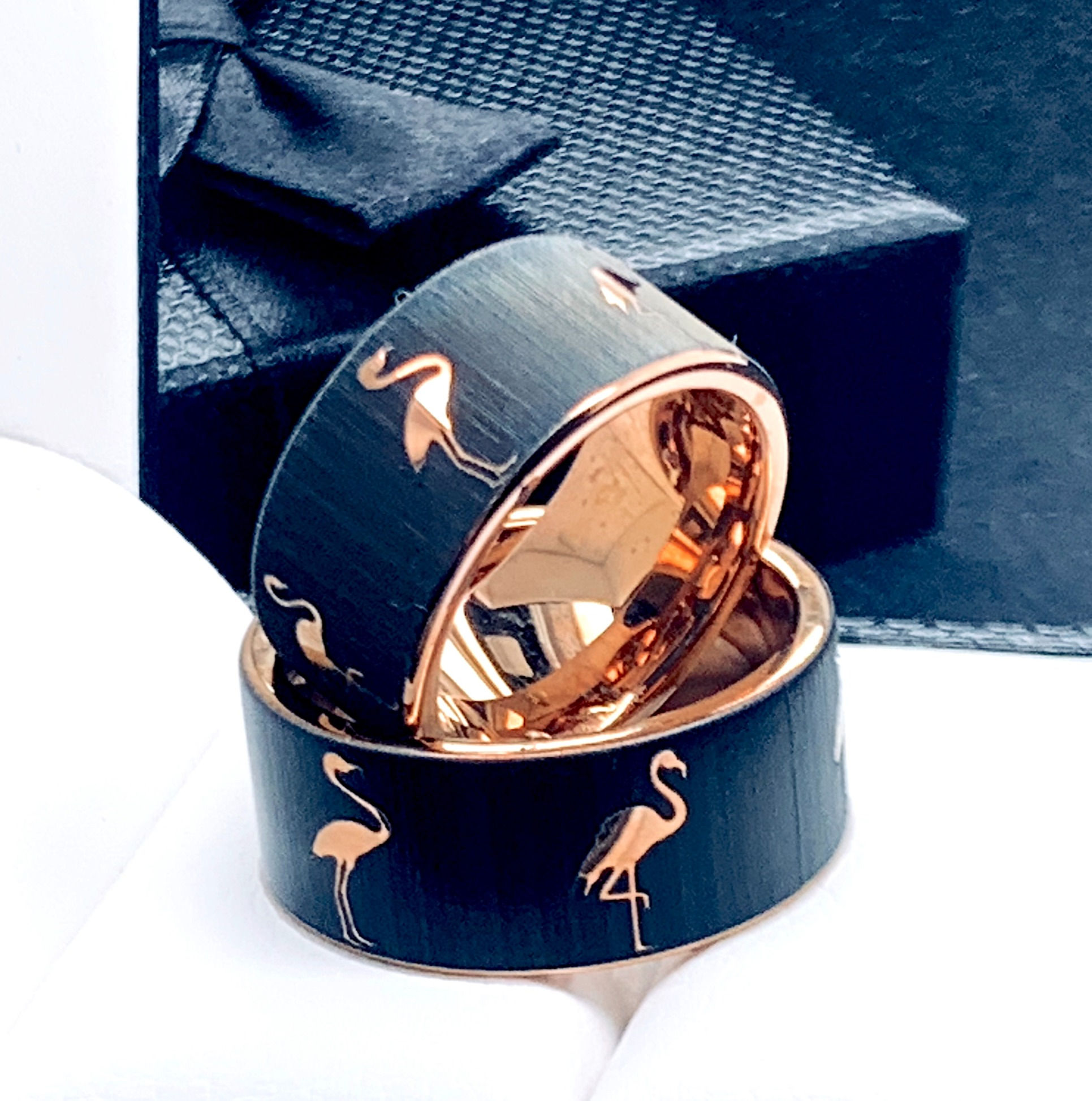 Flamingo Pattern Engraved Tungsten Carbide Ring, Rose Gold, Unique Wedding Bands