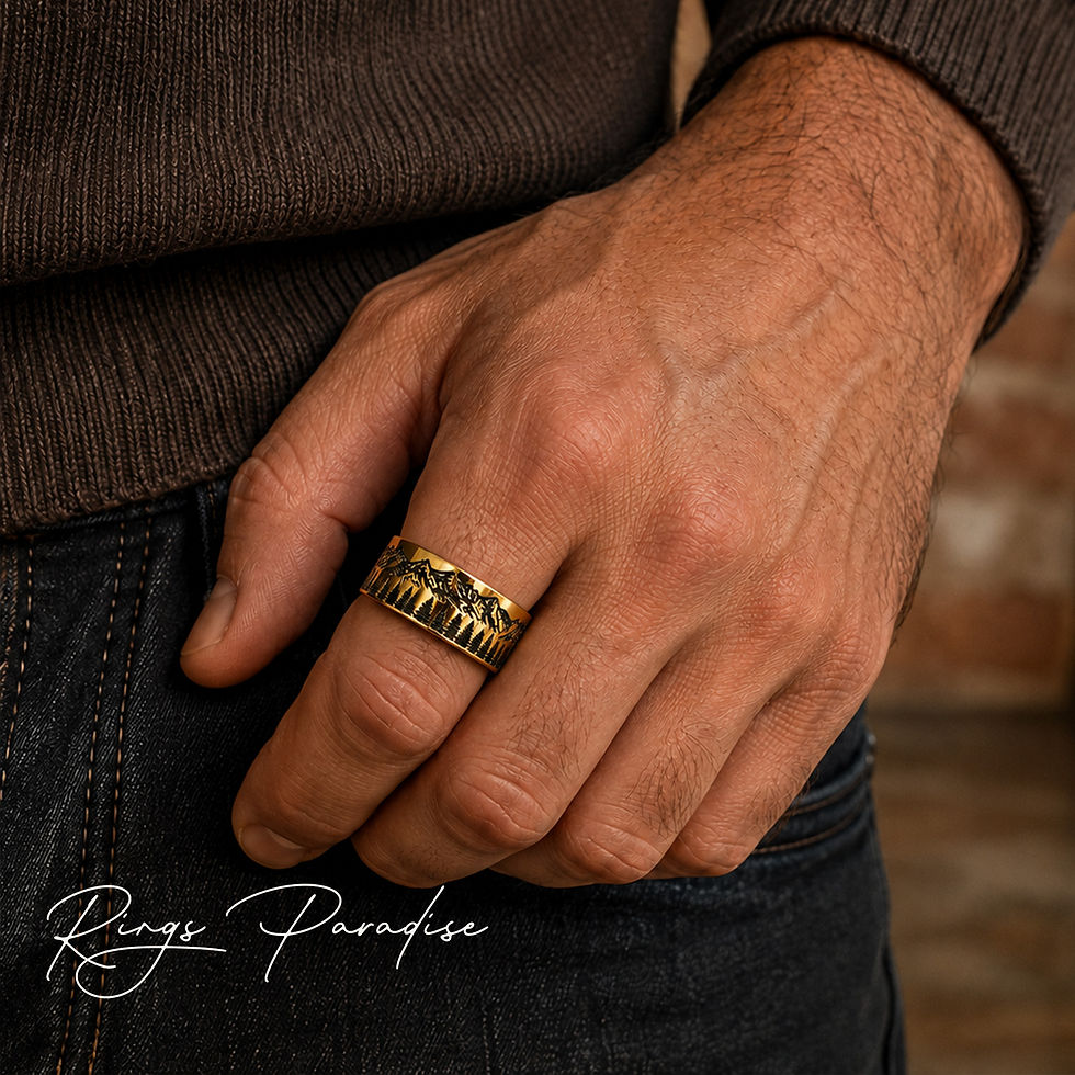 Thumbnail: yellow gold tungsten rings set forest mountain engraving 8mm 10mm 12mm