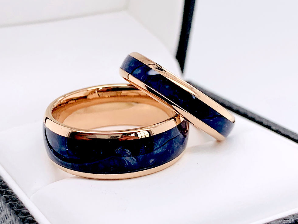 Thumbnail: Blue Agate Inlay Rose Gold Tungsten Carbide Ring for Men and Women, 8mm wedding band featuring a unique blue agate inlay.