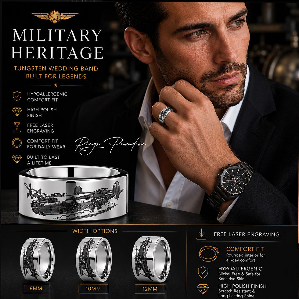 Thumbnail: B-24 airplane tungsten wedding band with WWII aviation engraving, available in 8mm to 12mm widths