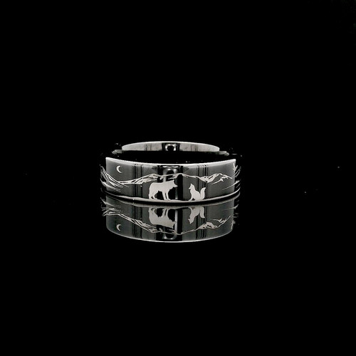 Wolf and Fox Tungsten Ring | Black Engraved Wedding Band 8mmRings