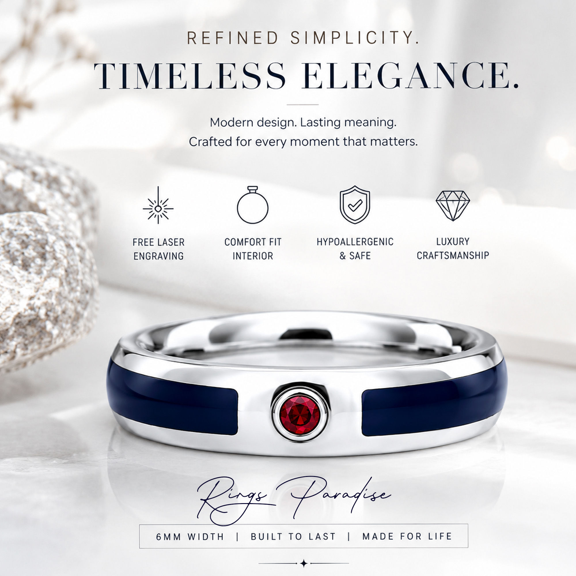 Silver tungsten ring with blue agate and ruby stone inlay, 6mm comfort fit unisex wedding band