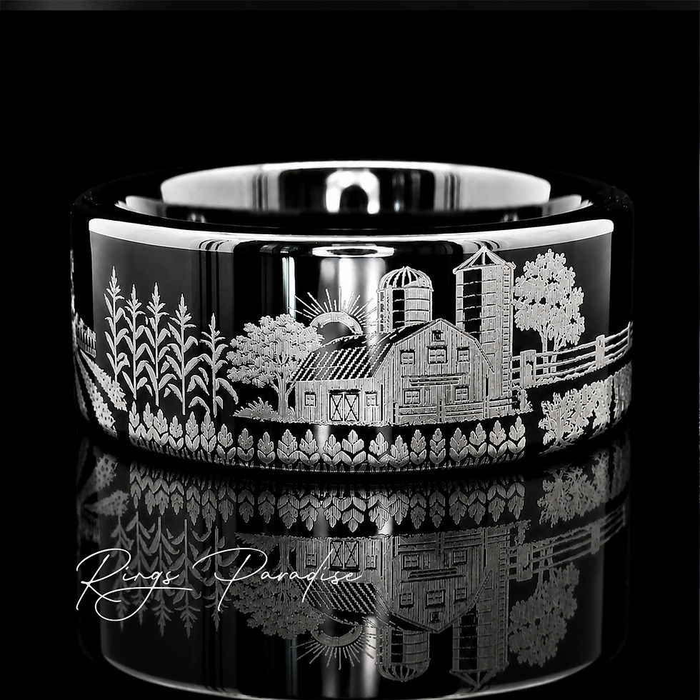 Black tungsten wedding band featuring a farm sprayer, corn rows, and American farmland engraving