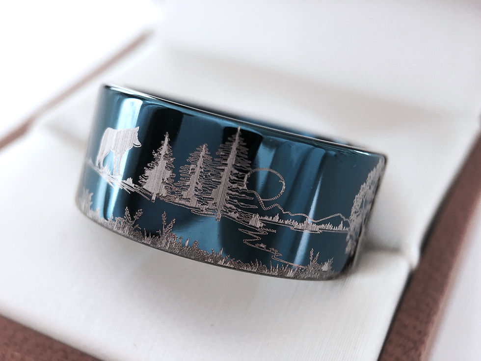 Thumbnail: Blue tungsten ring engraved with hedgehog, hare, fox, and wolf in a forest scene, nature-inspired comfort-fit wedding band