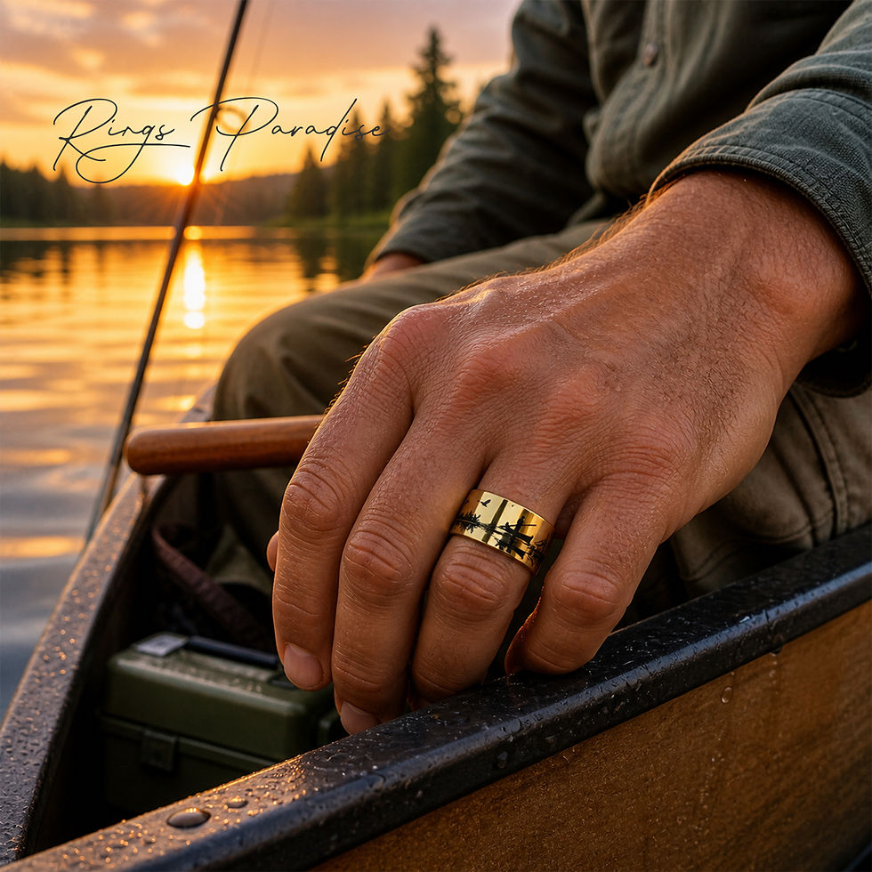 Thumbnail: gold tungsten ring fisherman engraving canoe lake scene 8mm 10mm 12mm