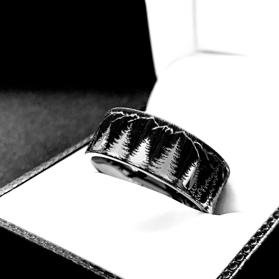 Thumbnail: Fir Trees and Mountains Pattern Engraved Tungsten Carbide Ring, His and Hers