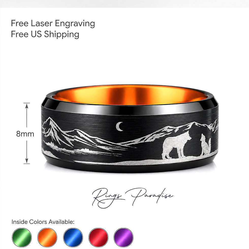 Thumbnail: wolf ring tungsten black forest mountain engraved design
