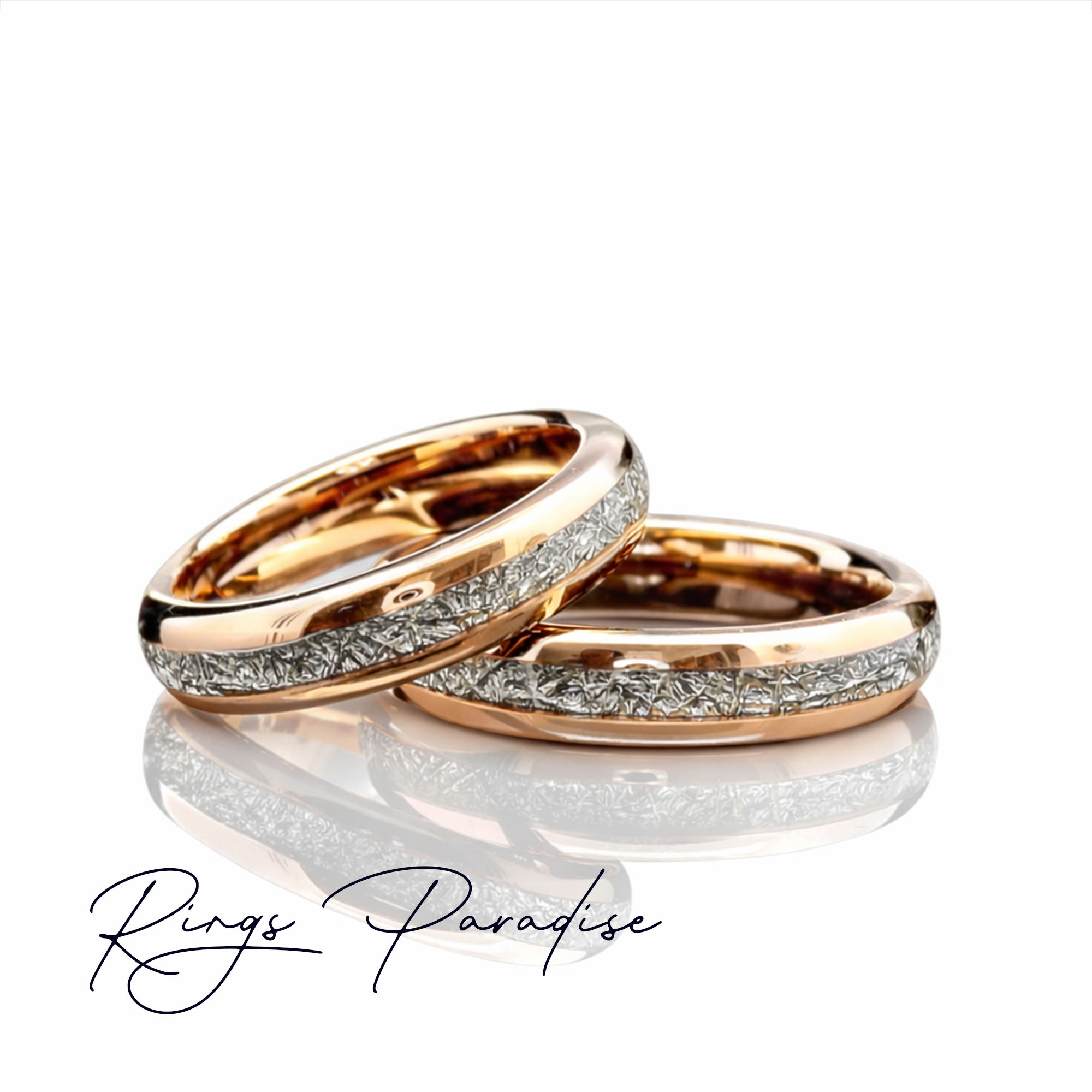 Matching Meteorite and Rose Gold Tungsten Carbide Ring Set - 4mm,6mm,8mm