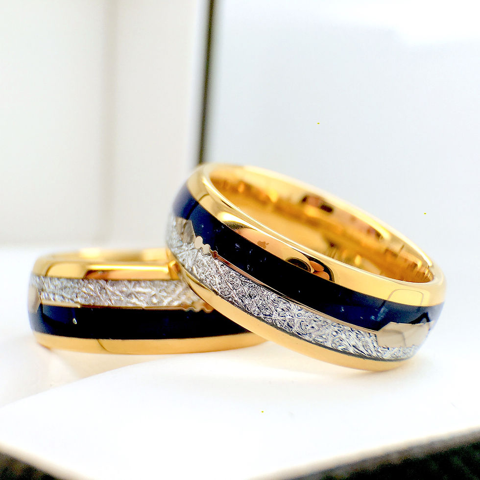 Yellow gold Tungsten Carbide Wedding Bands Set, Blue Agate Meteorite Ring, Arrow Inlay, Couples Ring, 8mm